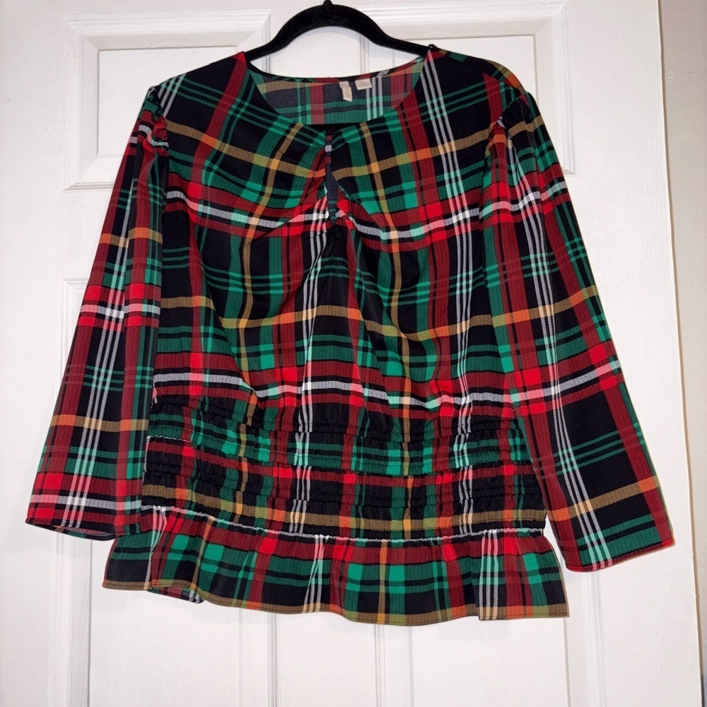 Cato Top Womens Plaid Black Keyhole 3/4 Sleeve Blouse Size XL